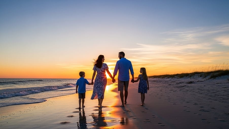 Una familia caminando de espaldas hacia el horizonte en un parque o playa. Transmite futuro, continuidad y tranquilidad.