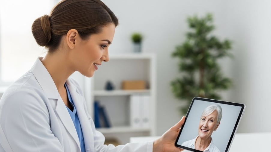 Un médico sonriendo mirando a una tablet o laptop, como si estuviera en una videollamada con un paciente. Transmite cercanía a pesar de la pantalla.