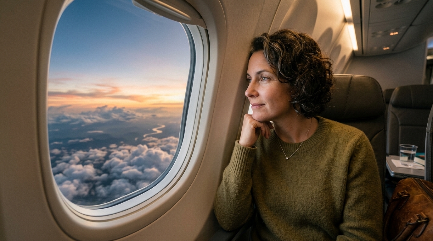Una imagen emotiva y serena: una persona adulta mirando por la ventana de un avión, transmitiendo un viaje con propósito y esperanza. 