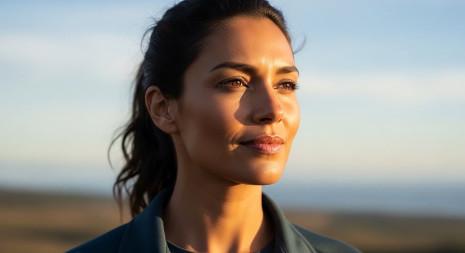 Retrato de una mujer ecuatoriana mirando al horizonte con confianza