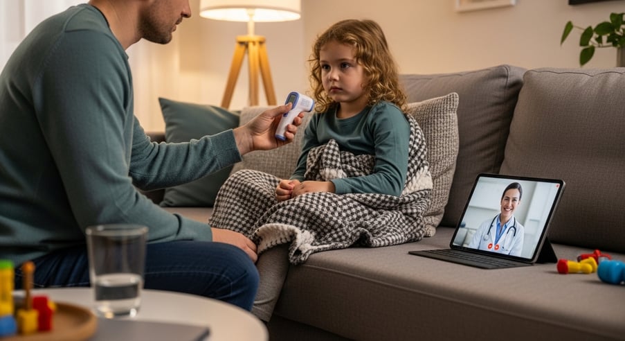 Padre tomando la temperatura a un niño en el sofá, con una tablet al lado mostrando al médico