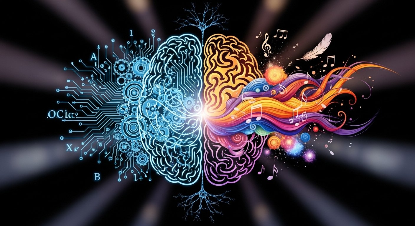 Cerebro con dos lados, uno lógico y otro creativoemocional