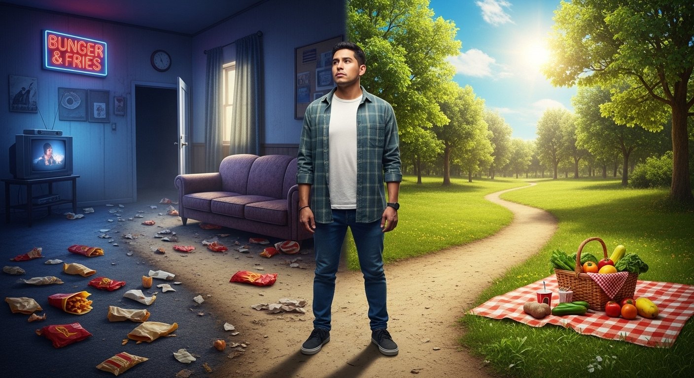 Persona decidiendo entre un estilo de vida sedentario y uno saludable, representando la paradoja del bienestar.