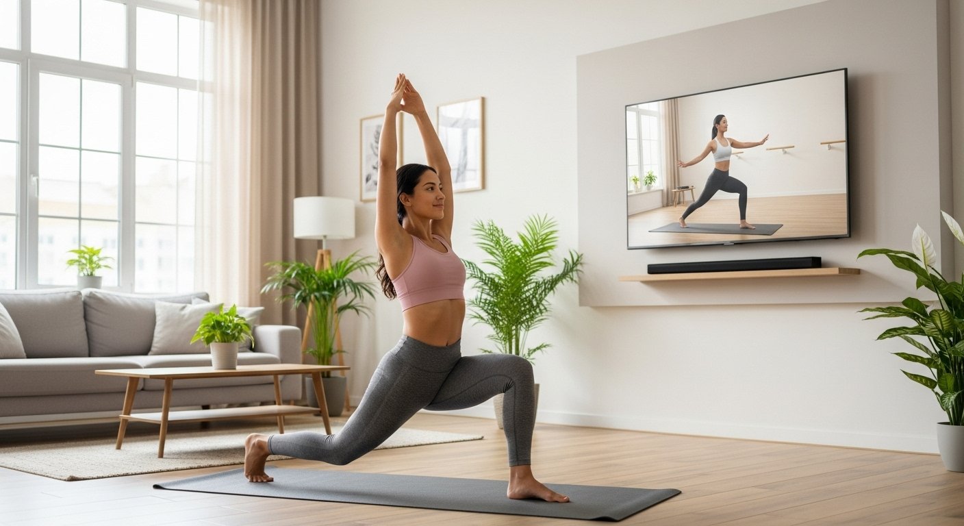 Mujer haciendo estiramiento en su sala