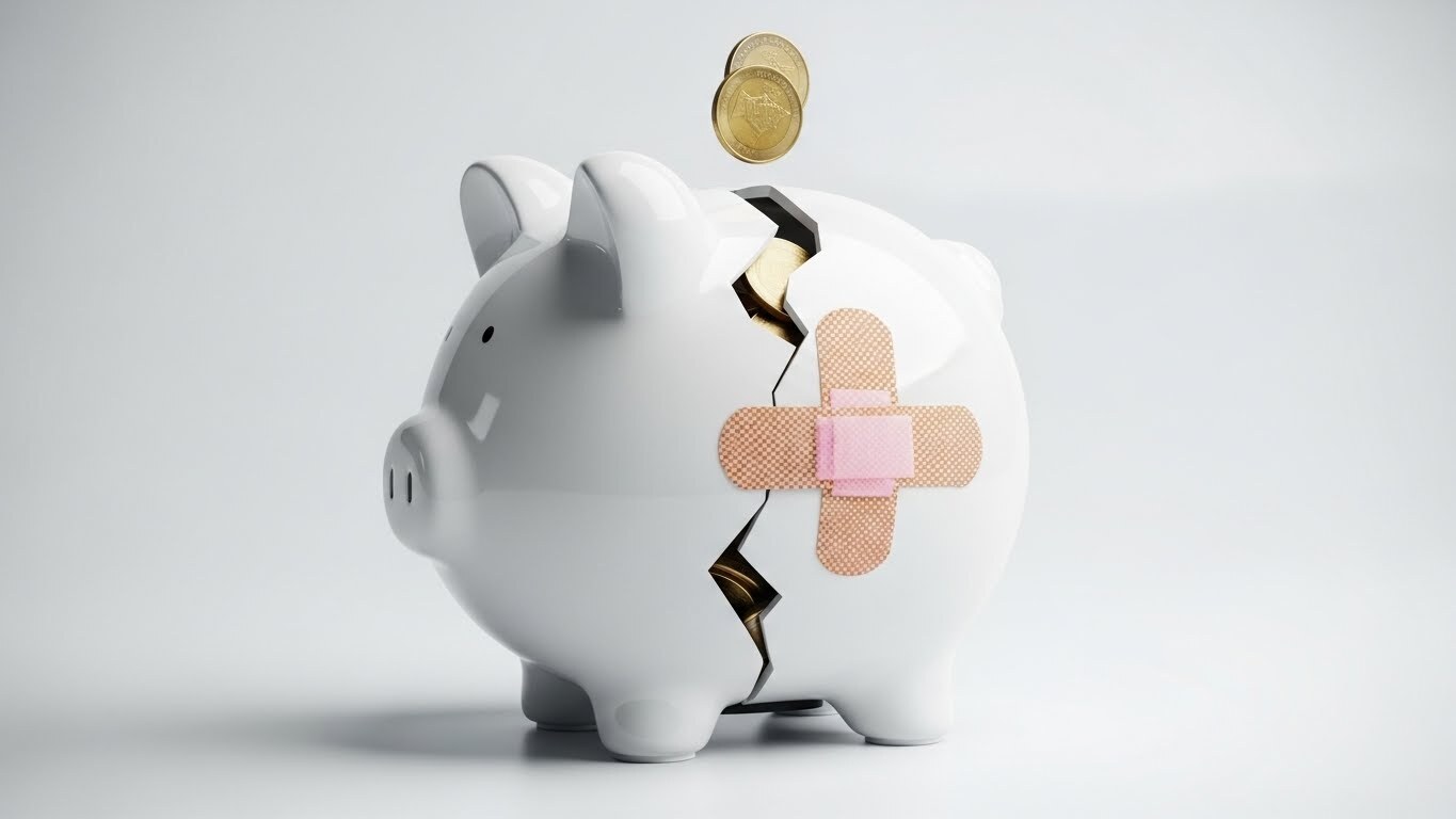 alcancía de cerdito rota con una curita (band-aid) pegada. 