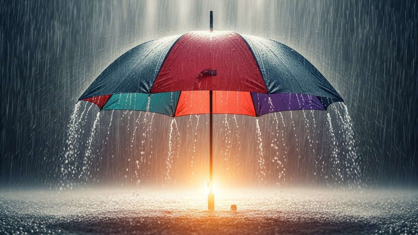 Una imagen abstracta o simbólica. Un paraguas grande abierto bajo una lluvia fuerte. El paraguas está seco por dentro. Transmite protección ante la tormenta.