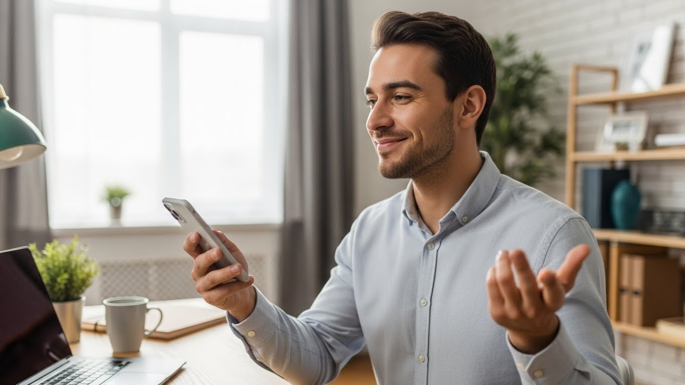 Foto de una persona joven profesional en un ambiente de home office, sosteniendo el celular con una mano y haciendo un gesto de 