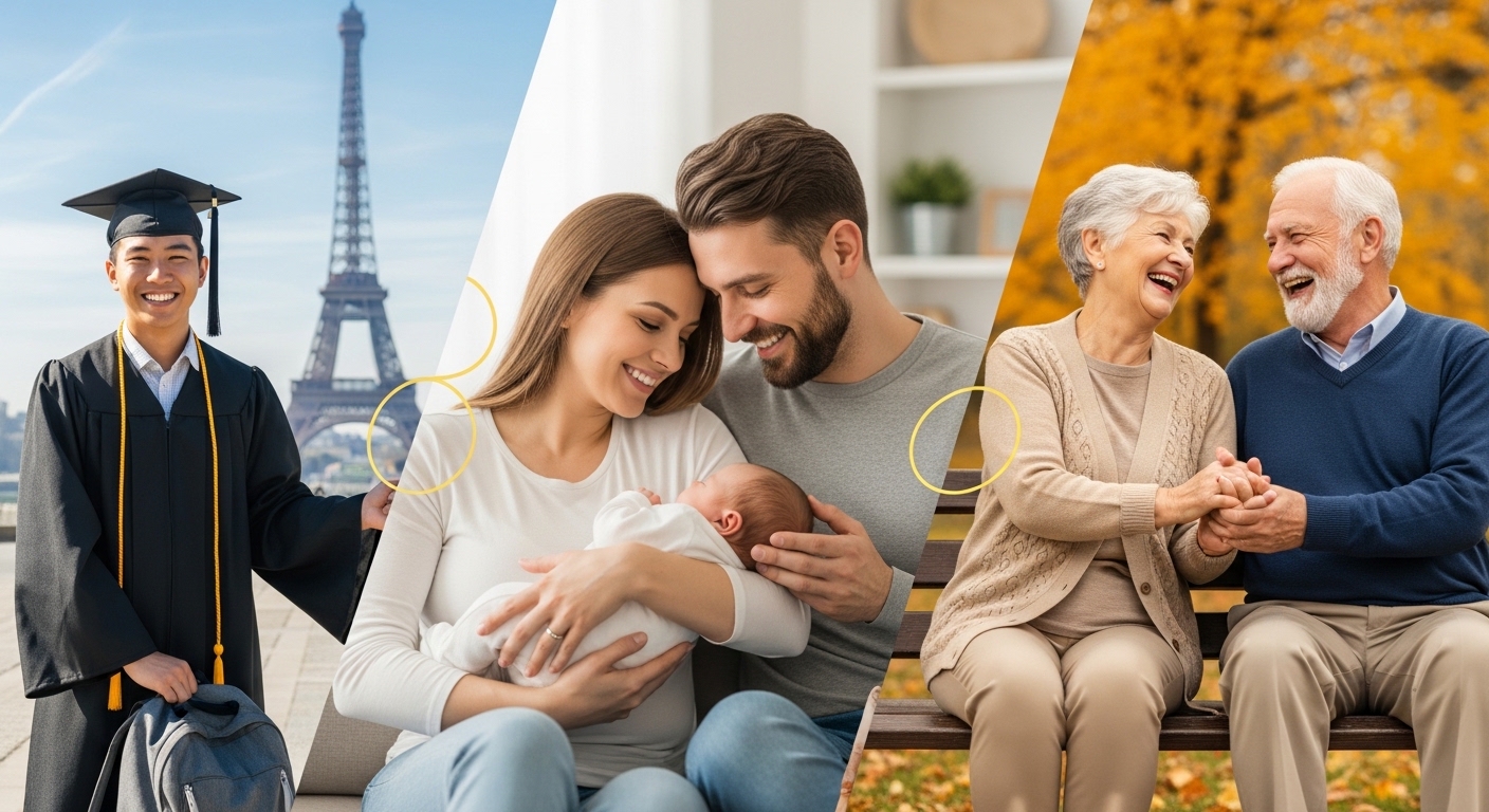 Collage o composición que muestre 3 etapas: un joven graduándose/viajando, unos padres con un bebé, y una pareja de adultos mayores disfrutando. Un hilo conductor visual une las 3 imágenes.