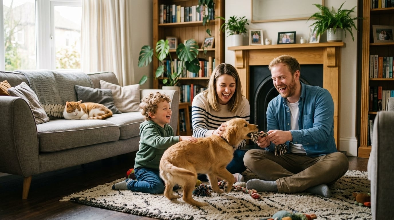 Familia con su perro y su gato protegidos con SaludsaPets
