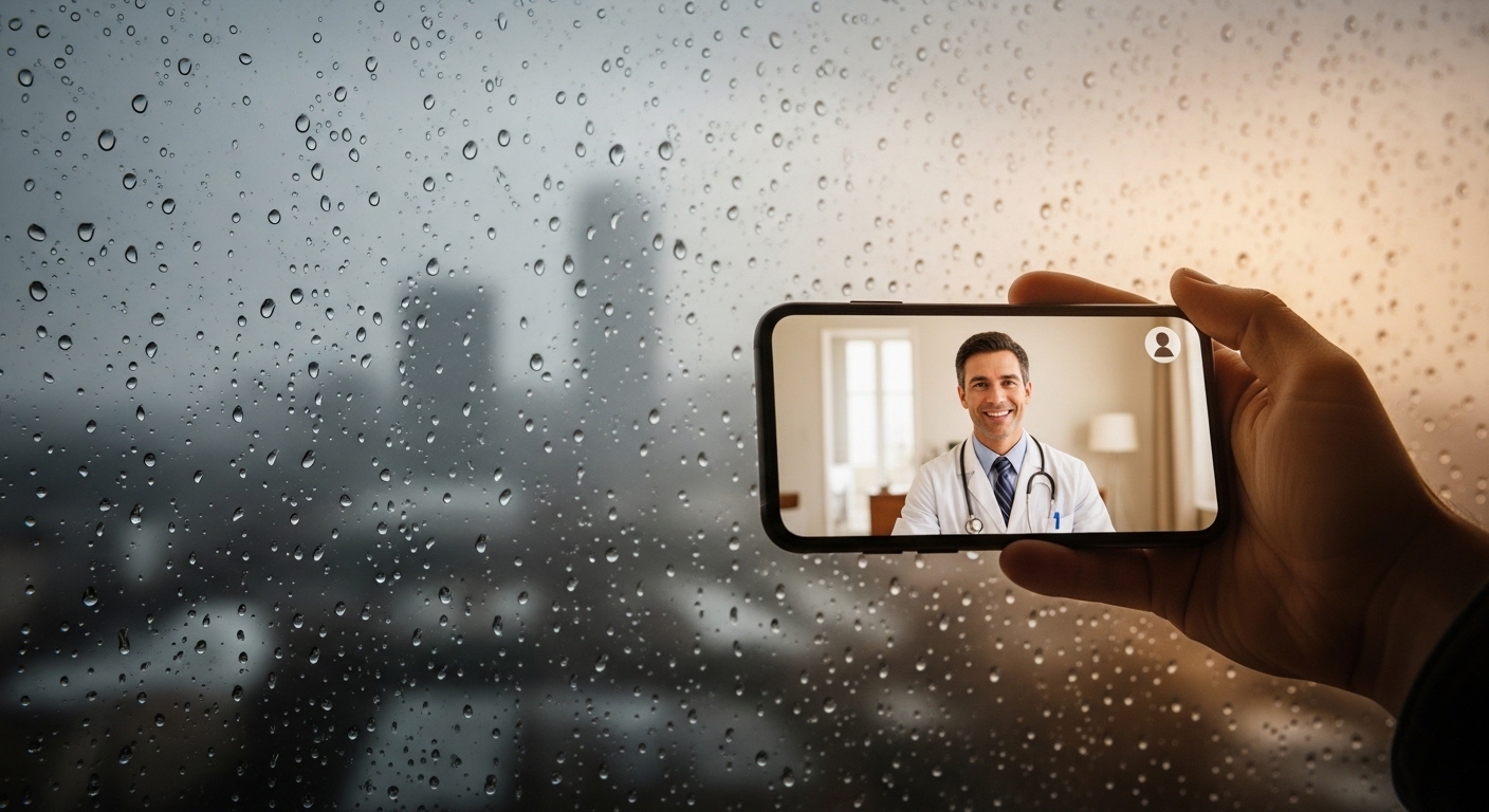 Vista desde una ventana con gotas de lluvia y una ciudad gris al fondo. En primer plano, una mano sosteniendo un celular con la videollamada de un doctor, ambiente cálido y seco adentro.