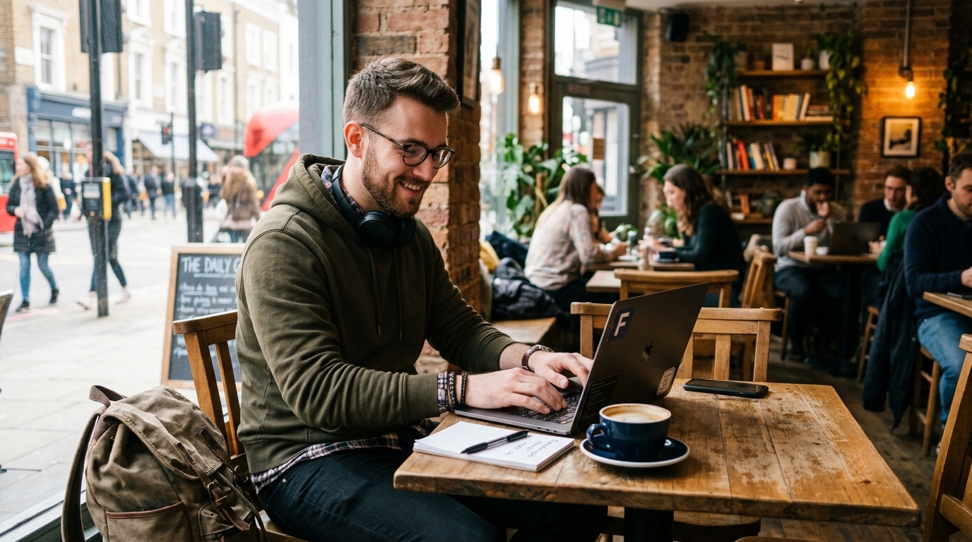 Freelancer trabajando desde una cafetería, protegido con un seguro de salud de Saludsa