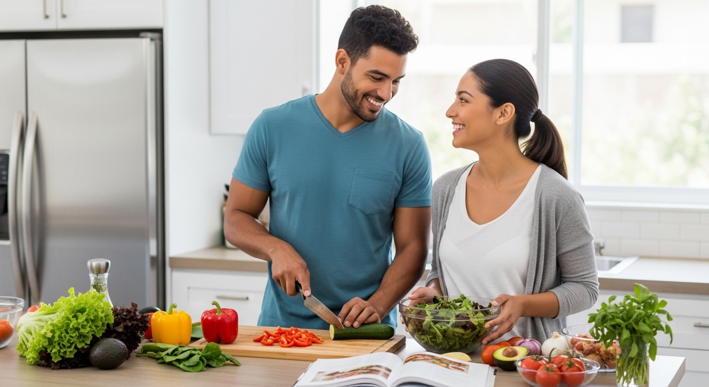 Pareja feliz preparando una comida muy saludable