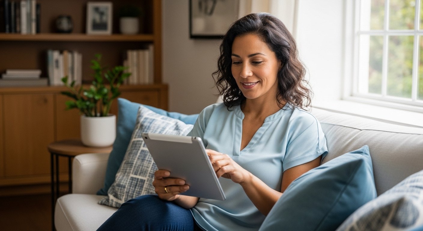 Guía completa sobre el cuidado preventivo y de salud mental con Saludsa, persona interesada revisando información en tablet.